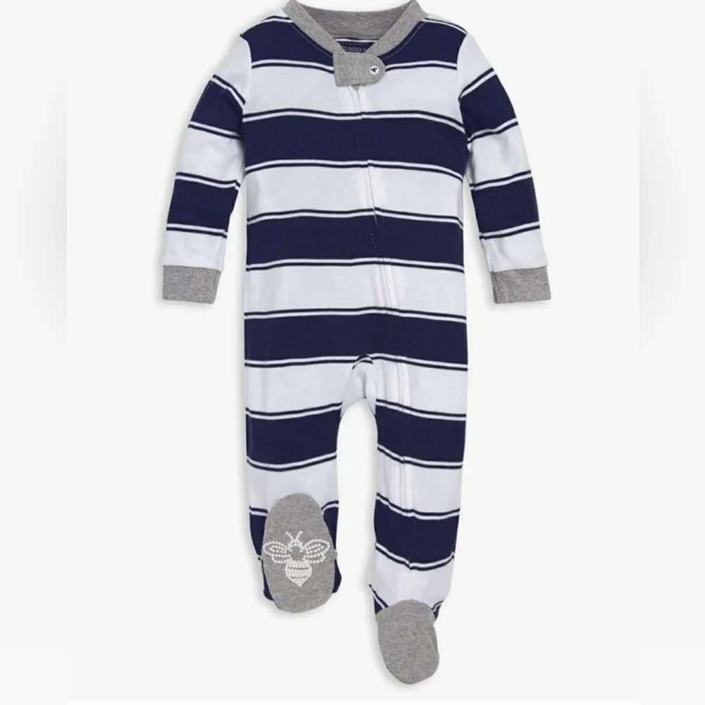 Burt's Bees Navy White Striped Pajamas Footie Cotton Organic One-Piece Footed